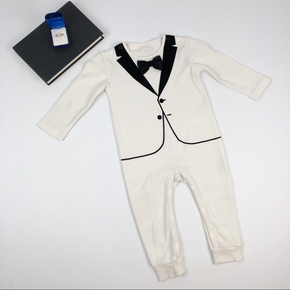 Kids The Tiny Universe Tiny Tuxedo Romper - White - Picture 1 of 8